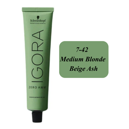 Schwarzkopf Professional Igora Zero AMM hair color 7-42 Medium Blonde Beige Ash